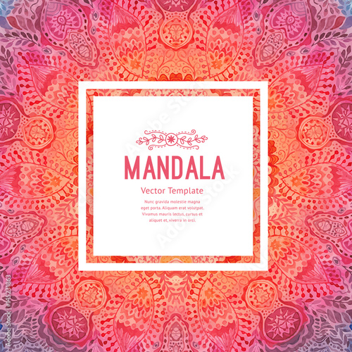 Watercolor mandala, square background. Decor for your design, lace ornament in form of round corner in oriental style