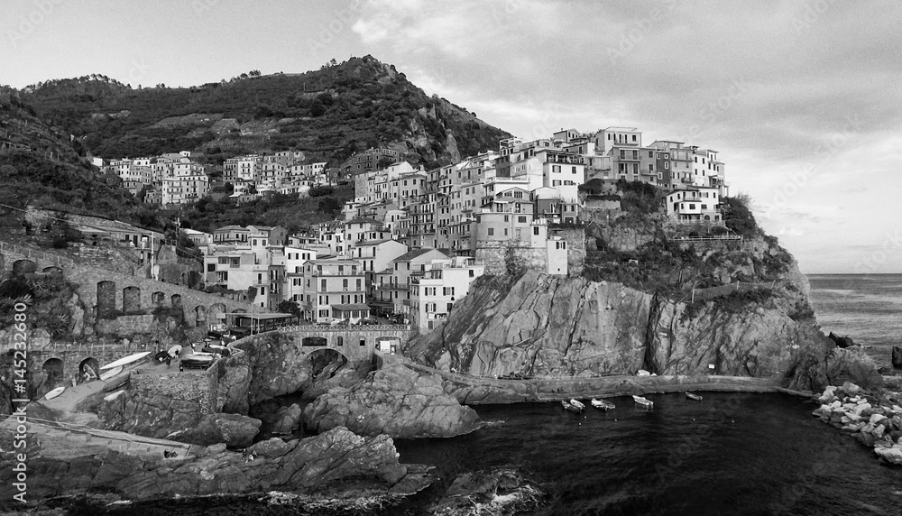 Black and white aerial view of Manarola skyline, Five Lands - Italy