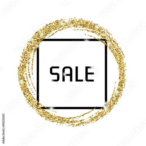Gold glitter banner with a black frame and the inscription: Sale.