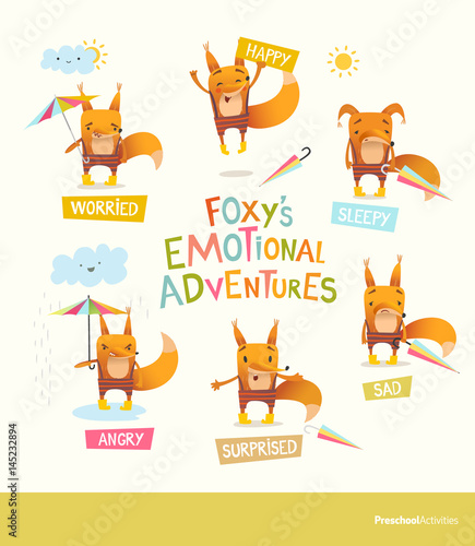 Foxy s emotional adventures. Cute cartoon fox in stripe pants expressing different feelings. Handling positive and negative emotions concept. Vector illustration for educational banner, postcard.