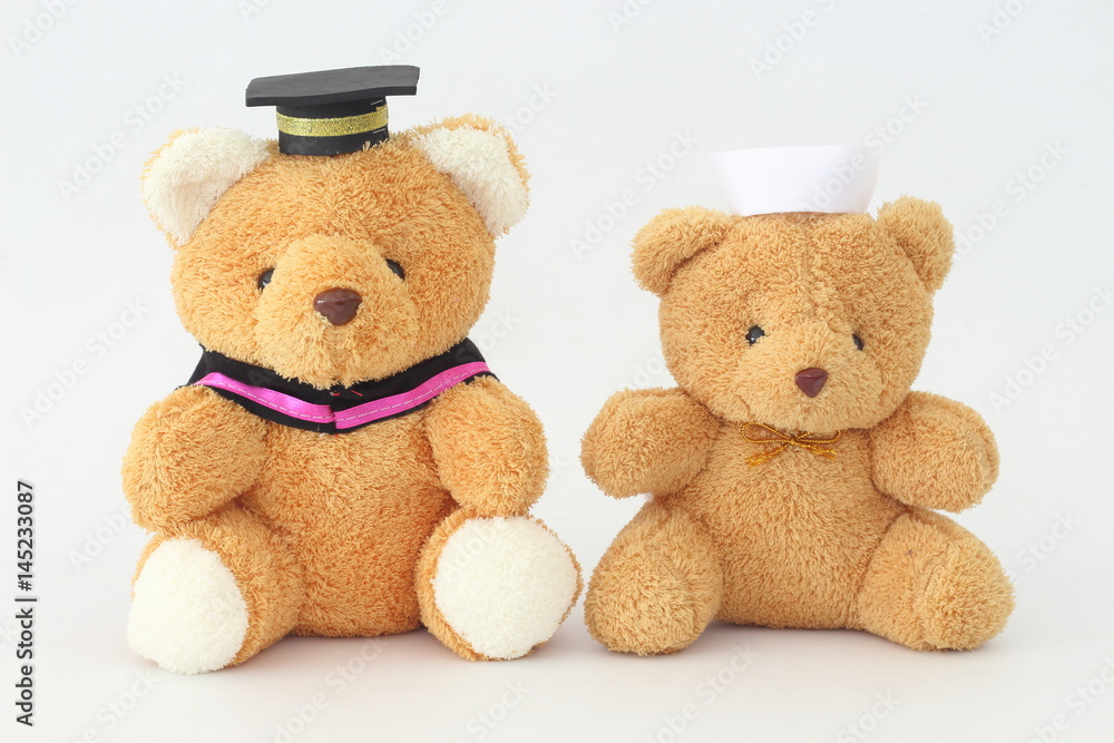 Fototapeta premium Two brown bear dolls wearing a graduation cap and a nurse hat on a white background.