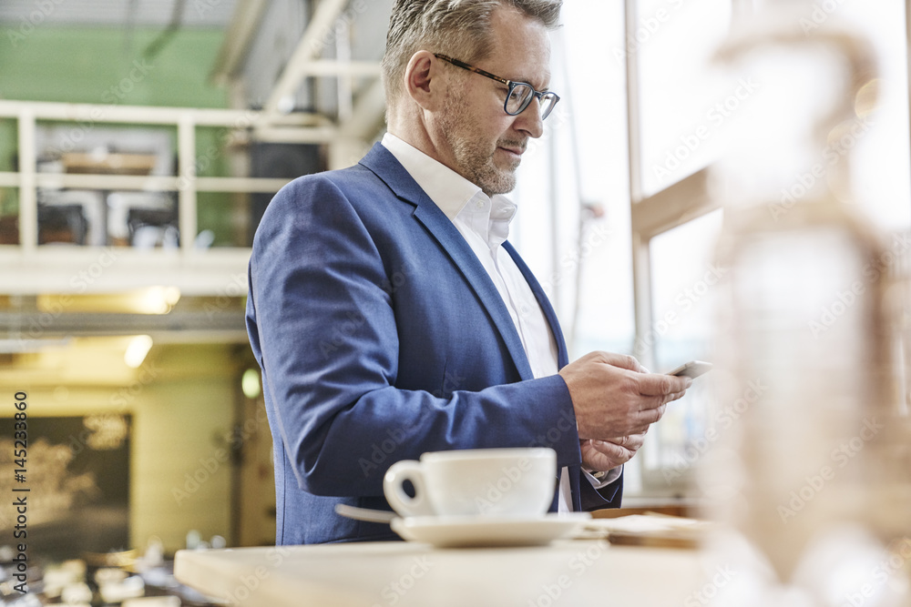 Mature businessman in cafe using cell phone Mature businessman in cafe using cell phone