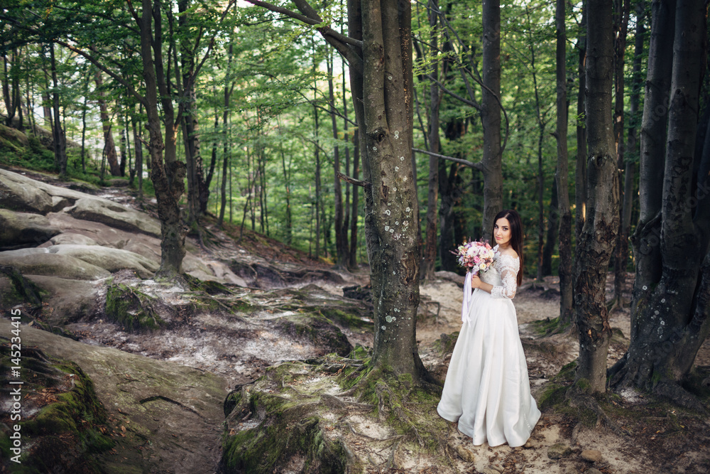 The charming bride stands near trees The charming bride stands near trees
