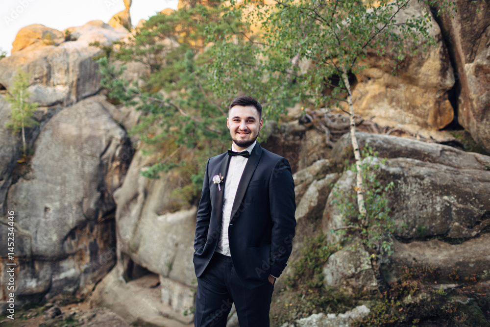 The handsome groom stands on the stones The handsome groom stands on the stones