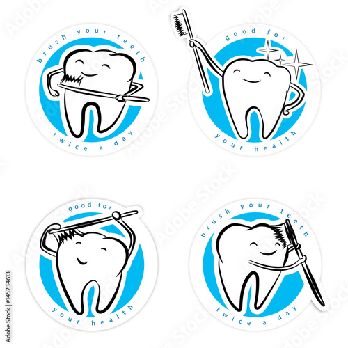 Sticker funny cartoon teeth with a toothbrush.