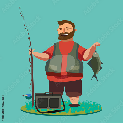 Happy fisherman stands and holds in hand fishing rod with spinning and fish catch, bag with fishman spin and equipment, funny cartoon vector illustration, Man s active vacation concept