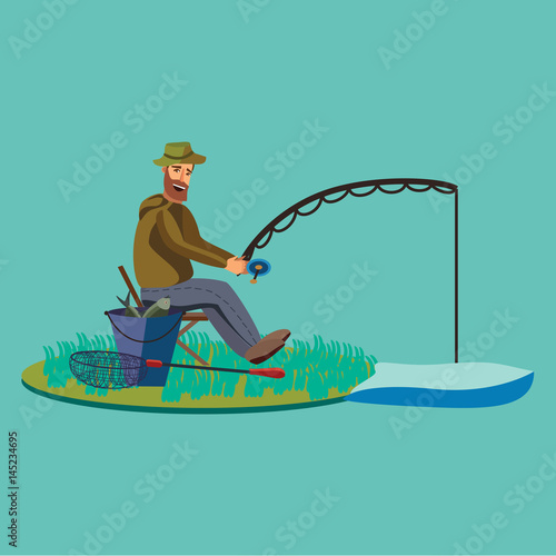 Flat fisherman hat sits on shore with fishing rod in hand and catches bucket and net, Fishman crocheted spin into the water and waiting big fish funny vector illustration, Man active banner concept