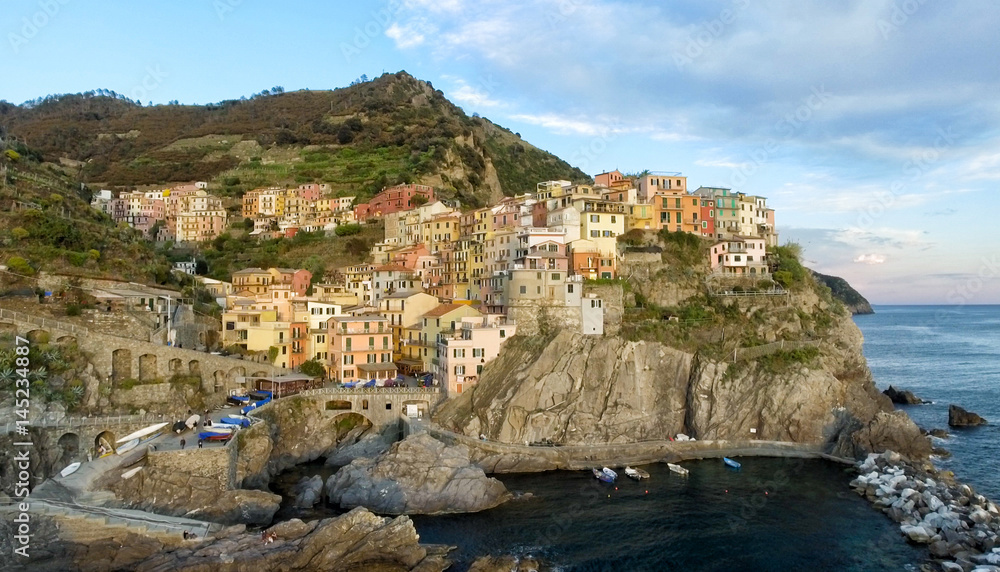 Beautiful aerial view of Manarola from helicopter - Five Lands, Italy