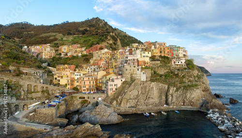 Beautiful aerial view of Manarola from helicopter - Five Lands, Italy