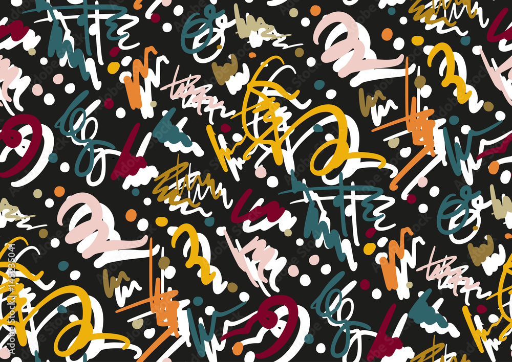Vector seamless pattern with hand drawn brush strokes and stripes hand painted. Black, golden, white, pink, green, blue colors Vector seamless pattern with hand drawn brush strokes and stripes hand painted. Black, golden, white, pink, green, blue colors