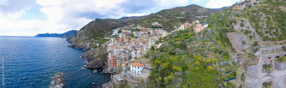 Panoramic aerial view of Riomaggiore, Five Lands - Italy