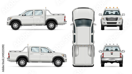 Pickup truck vector template isolated car on white background. All layers and groups well organized for easy editing and recolor. View from side front back top.