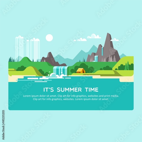 Natural landscape with hills, mountains and waterfall. Summer time. Vector illustration.