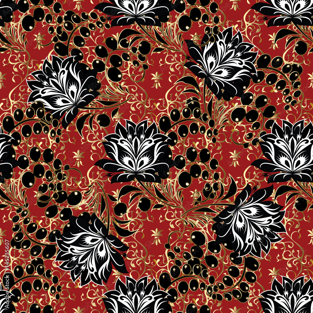 Red and white flower seamless pattern on black background for fabric  design,wallpaper,wrapping paper 8925525 Vector Art at Vecteezy