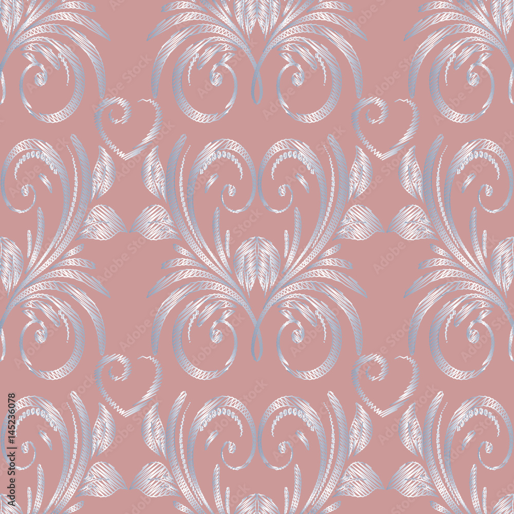 Damask embroidery seamless pattern. Floral pink background wallpaper illustration with vintage tapestry silver russian ornament, swirl leaves and abstract love hearts.Vector  grunge arras texture