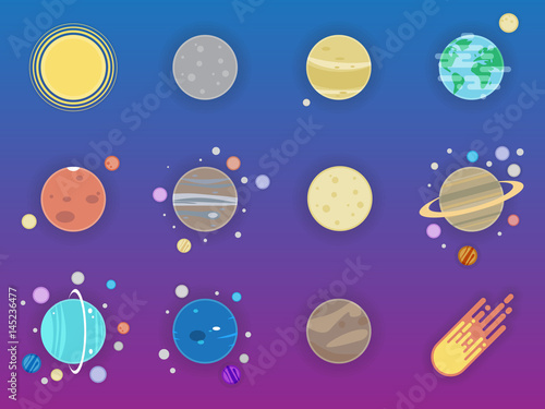 Solar system icons - planets, comet, satellite of the planets flat illustration