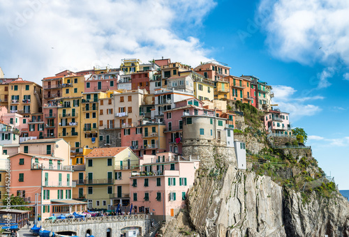 Manarola, Five Lands. Aerial view of coastline and city buildings