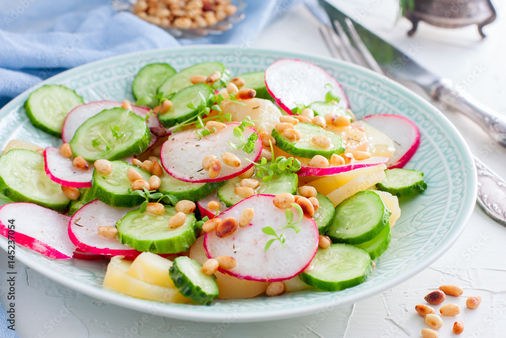 Potato salad with fresh cucumber and radish, horizontal Potato salad with fresh cucumber and radish, horizontal