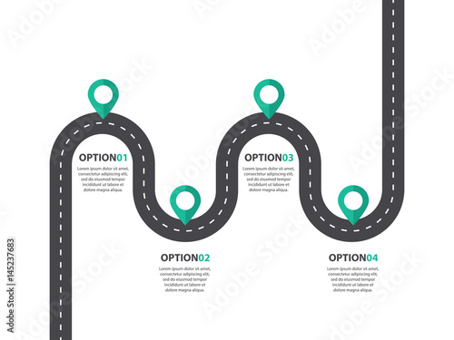 Infographic template. Double tail road with pin-pointers. Four steps or option diagram. Vector EPS 10