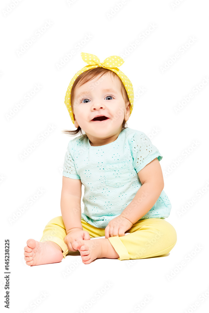Portrait of a cute smiling baby girl, sitting isolated on white background Portrait of a cute smiling baby girl, sitting isolated on white background