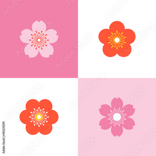 Set of cherry blossom and sakura in five and six petals, flat design
