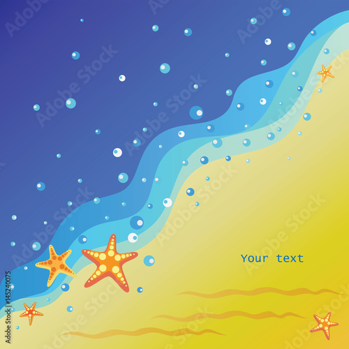 Starfishes on the seashore. Vector image. Yellow-orange background of the coast with water drops. Banner design, poster with place for text.