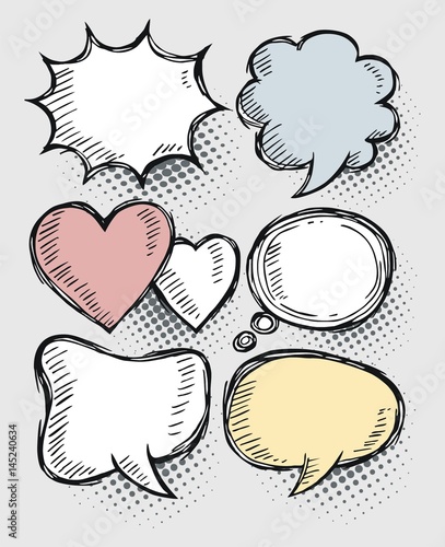 A set of comic speech bubbles and elements with halftone shadows.