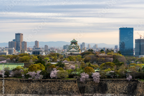 Osaka castle with cherry blossom and Osaka center business dictrick in background atOsaka, Japan. Japan spring beautiful scene.