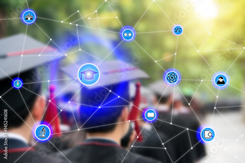 Smart education and education icon network conection with graduation in background, abstract image visual, internet of things concept.