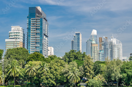 City park under blue sky with Downtown Skyline in the Background © TeTe Song