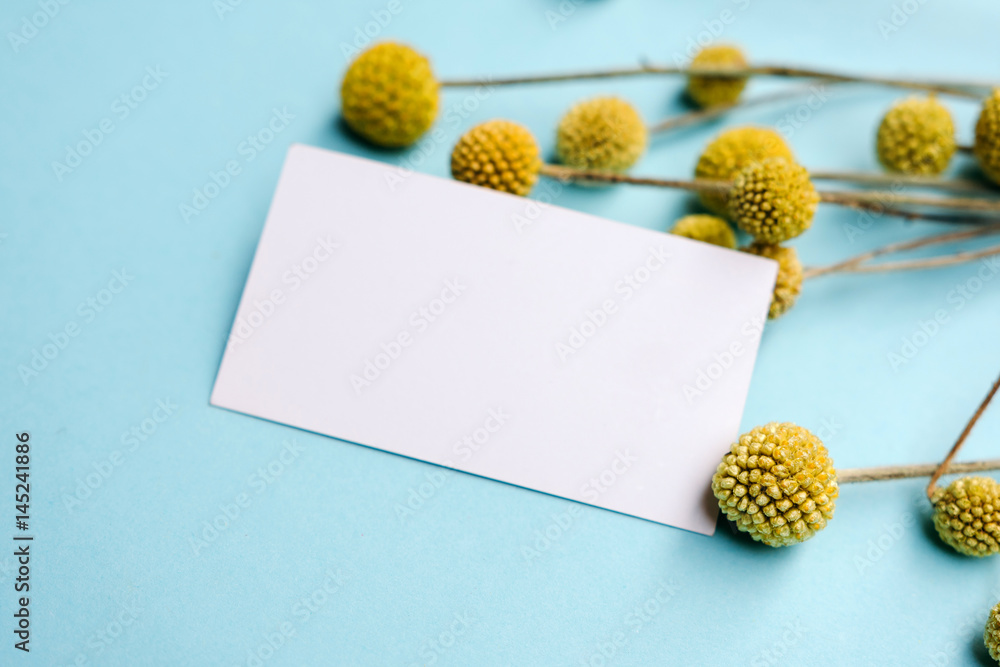 Business card mock up with craspedia flowers on turquoise background. Business card mock up with craspedia flowers on turquoise background.