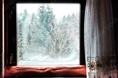 View from mountain cottage window in winter