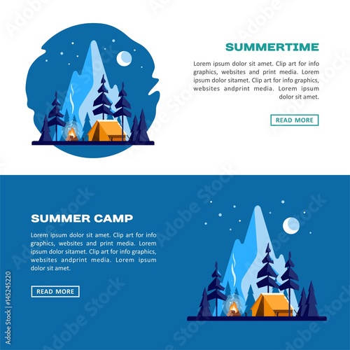 Summer camp. Night landscape with yellow tent, campfire, forest and mountains on the background. Sport, camping, adventures in nature, vacation, and tourism vector banner.