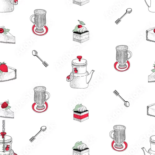Tapety Wektorowy bezszwowy wzór z ręki rysować ilustracjami herbaty i kawy i deseru. Może być stosowany do piekarni, ciast, kawiarni, sklepów i produktów.