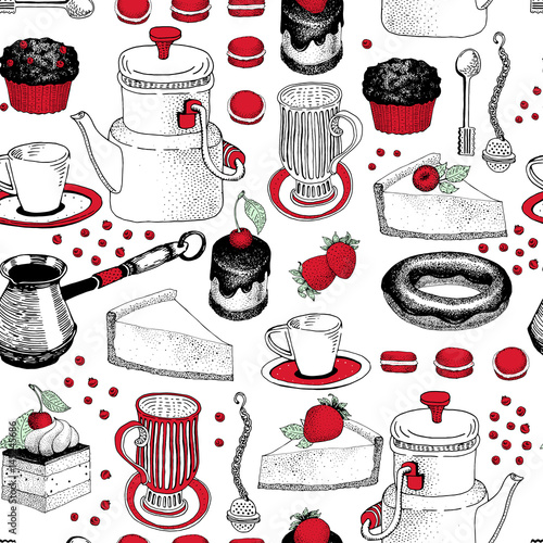 Vector seamless pattern with hand drawn tea and coffee and dessert illustrations. Can be use for bakery, pastry, cafe, shop and products.