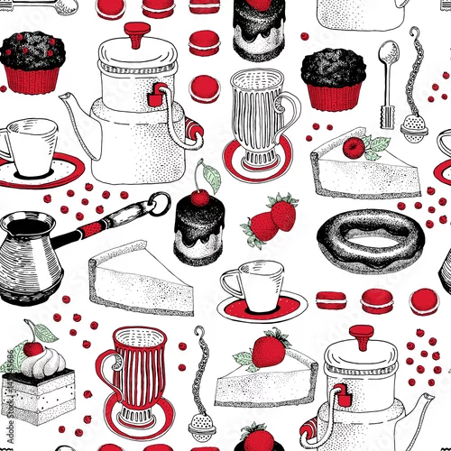 Tapety Wektor wzór z ręcznie rysowane ilustracje do herbaty i kawy oraz deser. Może być stosowany do piekarni, ciast, kawiarni, sklepów i produktów.