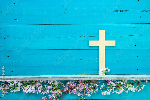 Canvas Print Wood cross with flower border