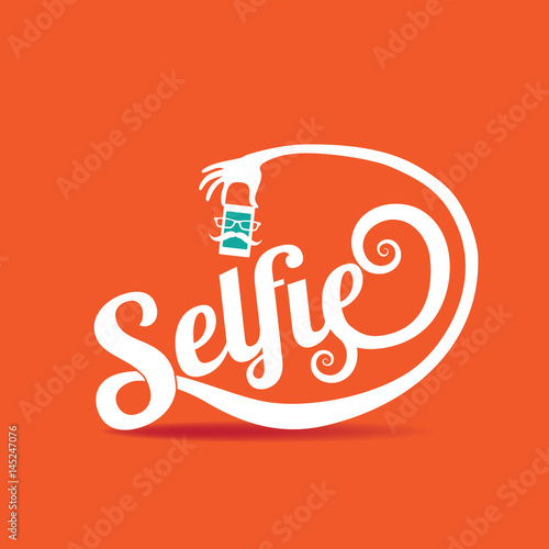 Selfie icon flat design. The word Selfie takes a photo. With fun mustache and eyeglasses. EPS 10 vector.