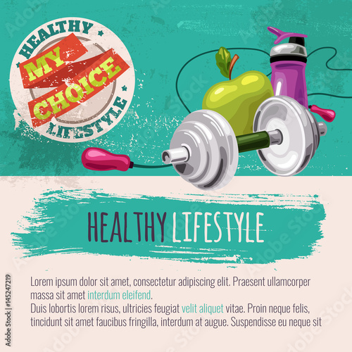Template with sports equipment and healthy food. Diet and sport. Healthy lifestyle my choice