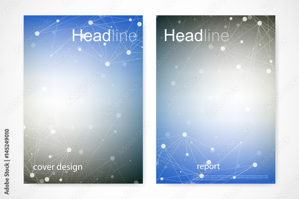 Obraz premium Scientific brochure design template. Vector flyer layout, Molecular structure with connected lines and dots. Scientific pattern atom DNA with elements for magazine, leaflet, cover, poster design.