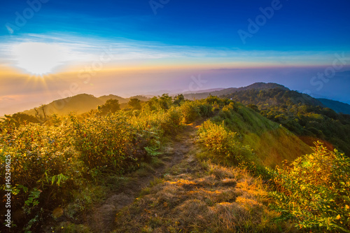 View from the highest mountain peak of Doi Pha Hom Pok with beautiful cloudy sunset twilight sky, Chiang mai, Thailand