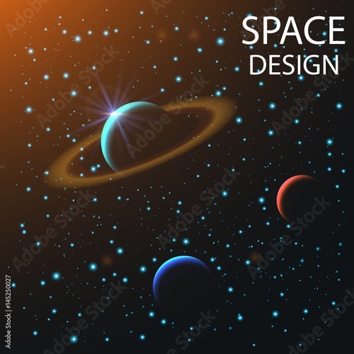 abstract space elements and planets with shine sparkles isolated on dark background