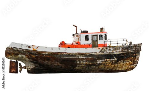 old wooden fishing boat isolated on white background, with clipping path