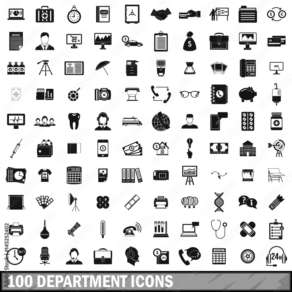 100 department icons set, simple style 