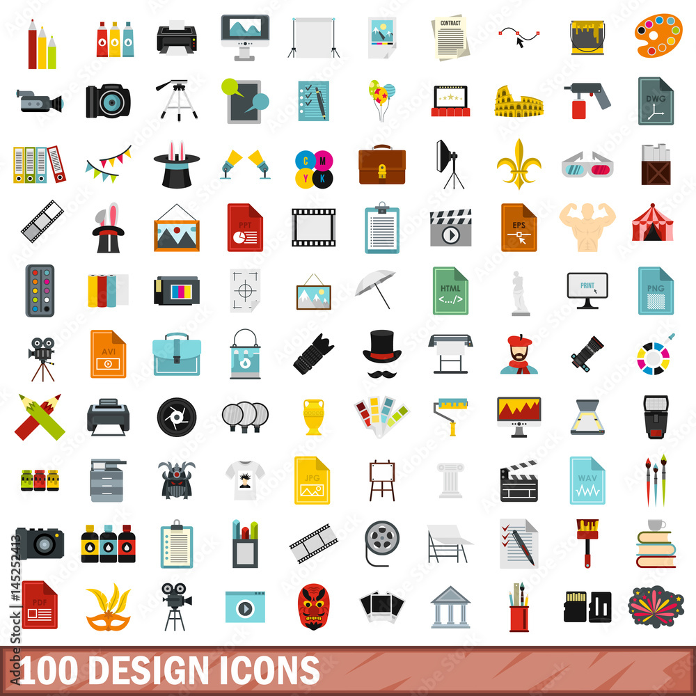 100 design icons set, flat style 100 design icons set, flat style