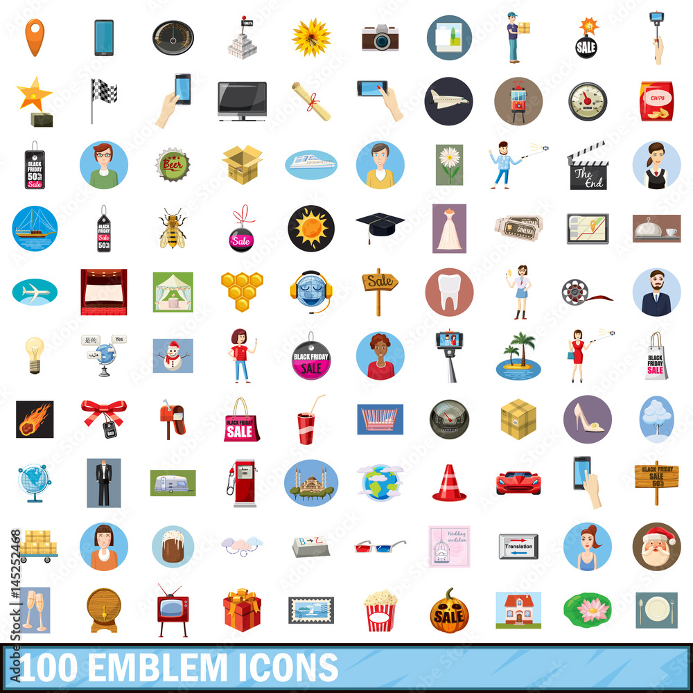 100 emblem icons set, cartoon style 100 emblem icons set, cartoon style