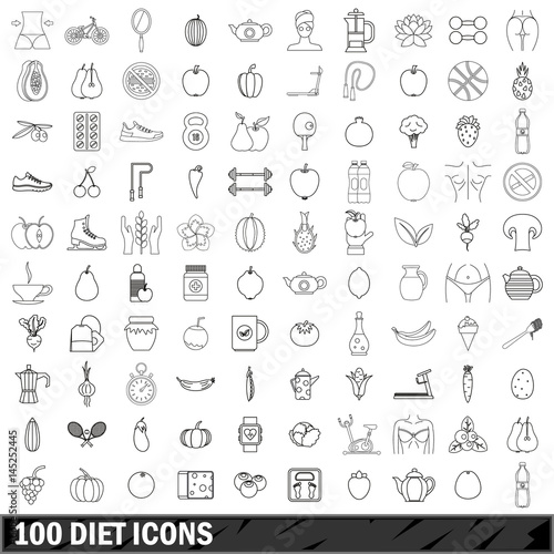 100 diet icons set, outline style