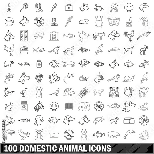 100 domestic animal icons set, outline style