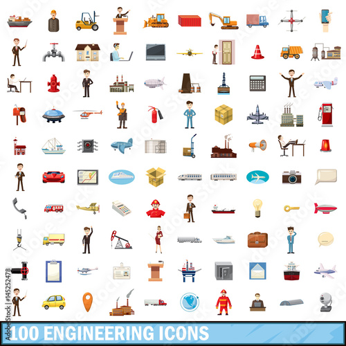 100 engineering icons set, cartoon style