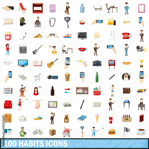 100 habits icons set, cartoon style